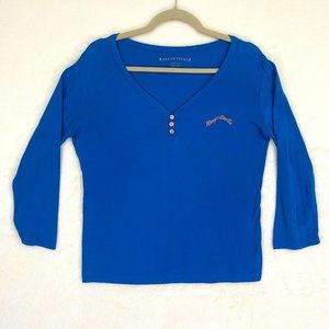 Margaritaville Jimmy Buffet Women's Henley 3/4 Sleeve T Shirt Button Top Blue